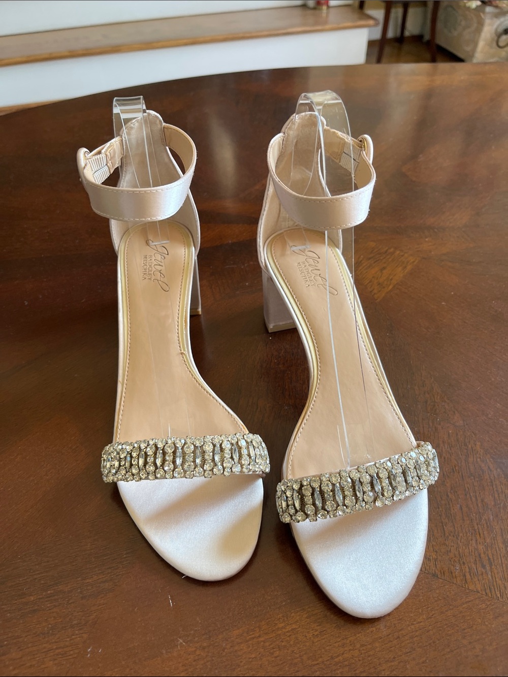 Jewel Badgley Mischka Blush Satin Jewel-Embellished Ankle-Strap Block Heels